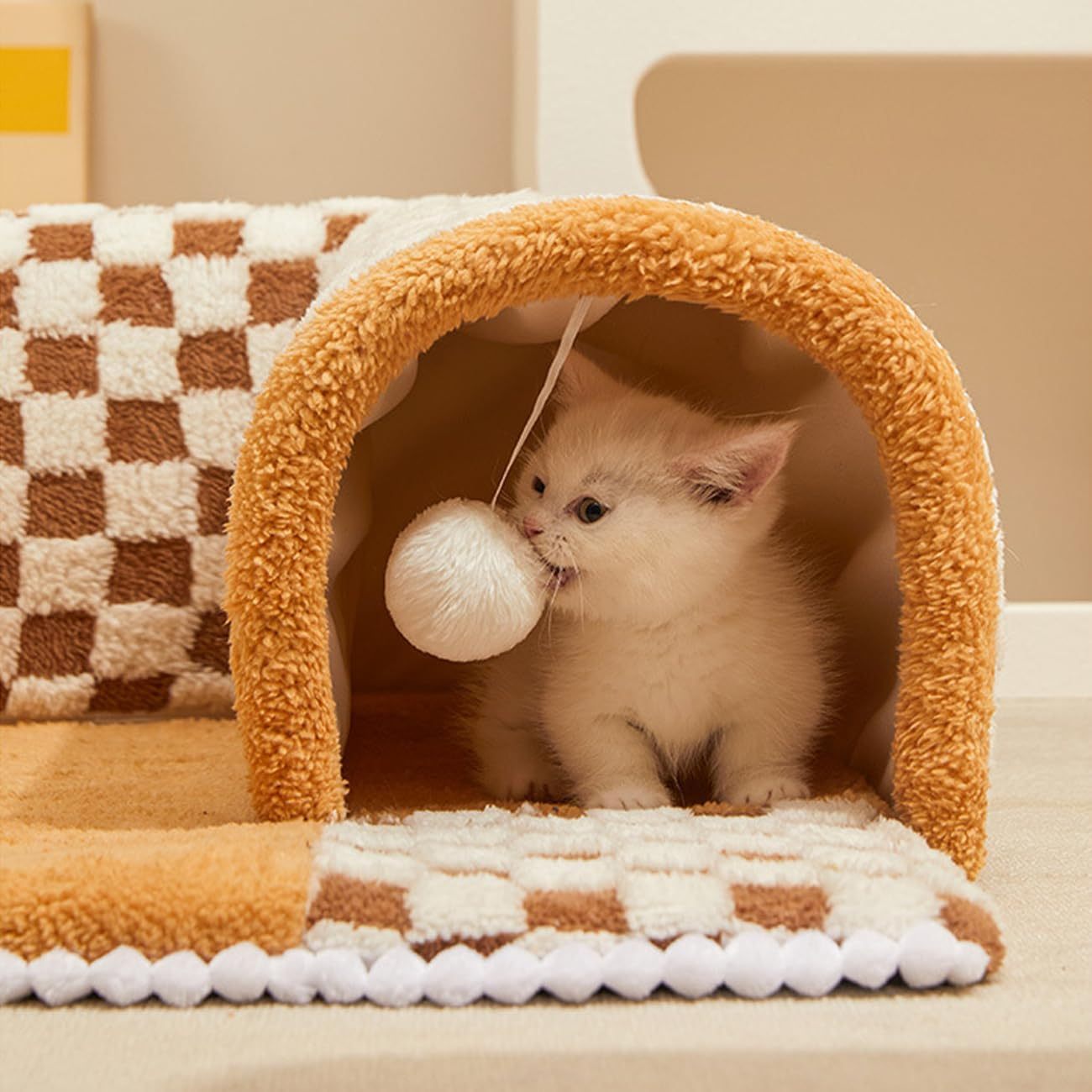Cama túnel 2 en 1 para perros y gatos – Diseño divertido en forma de abanico, peluche suave y estampado a cuadros