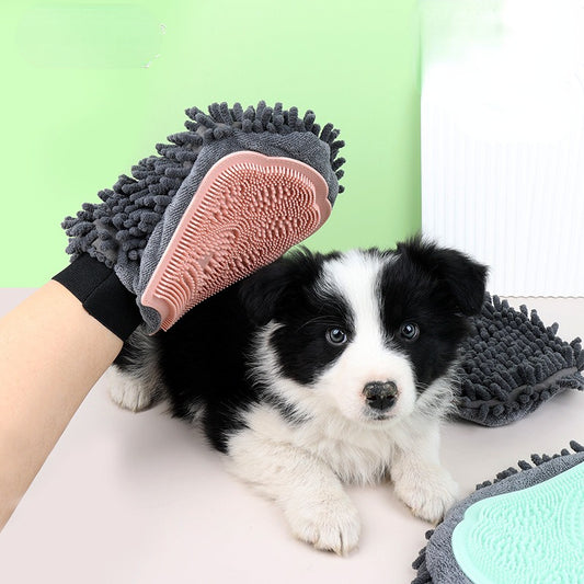 Guante de aseo 2 en 1 Elegante herramienta de aseo para perros para cepillar, masajear y secar Kit de aseo para mascotas para perros y gatos Cepillo de baño de 2 lados Guante de masaje de limpieza