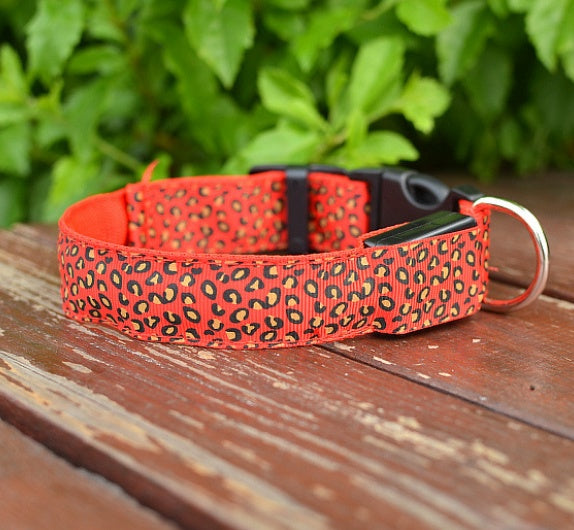 Collar de perro LED Seguridad Collar de mascota de leopardo de nailon ajustable