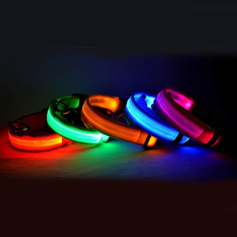 Collar luminoso de nailon LED para perros, seguridad nocturna intermitente, brillo en la oscuridad, correa para perros y gatos, suministros ajustables para mascotas
