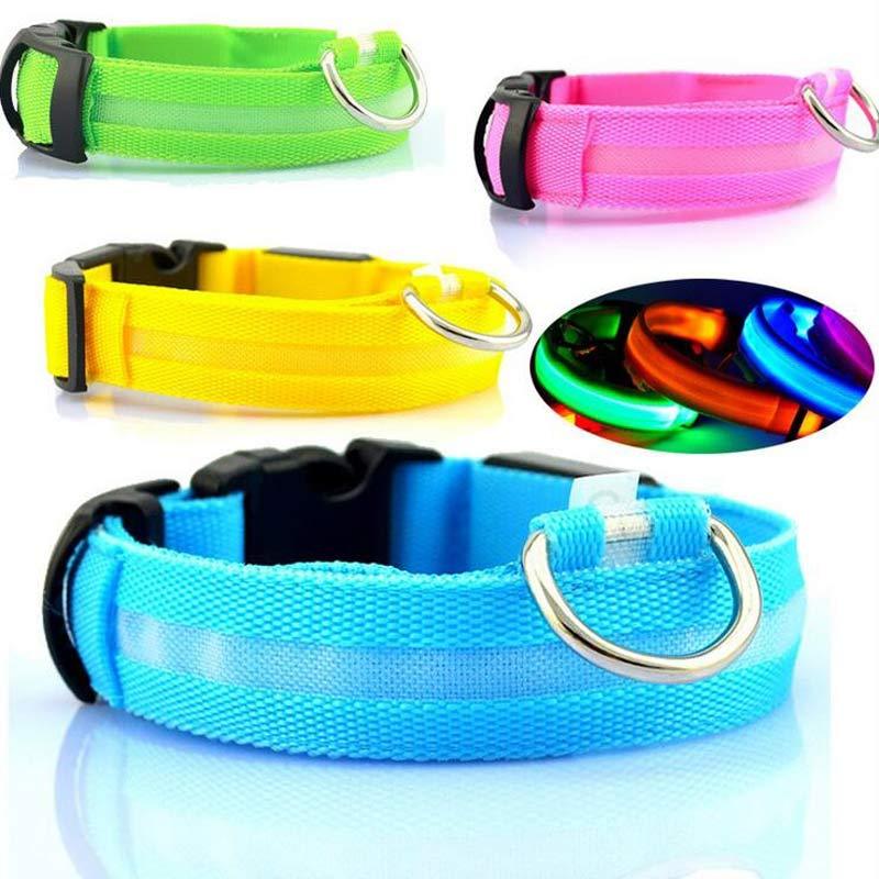Collar luminoso de nailon LED para perros, seguridad nocturna intermitente, brillo en la oscuridad, correa para perros y gatos, suministros ajustables para mascotas