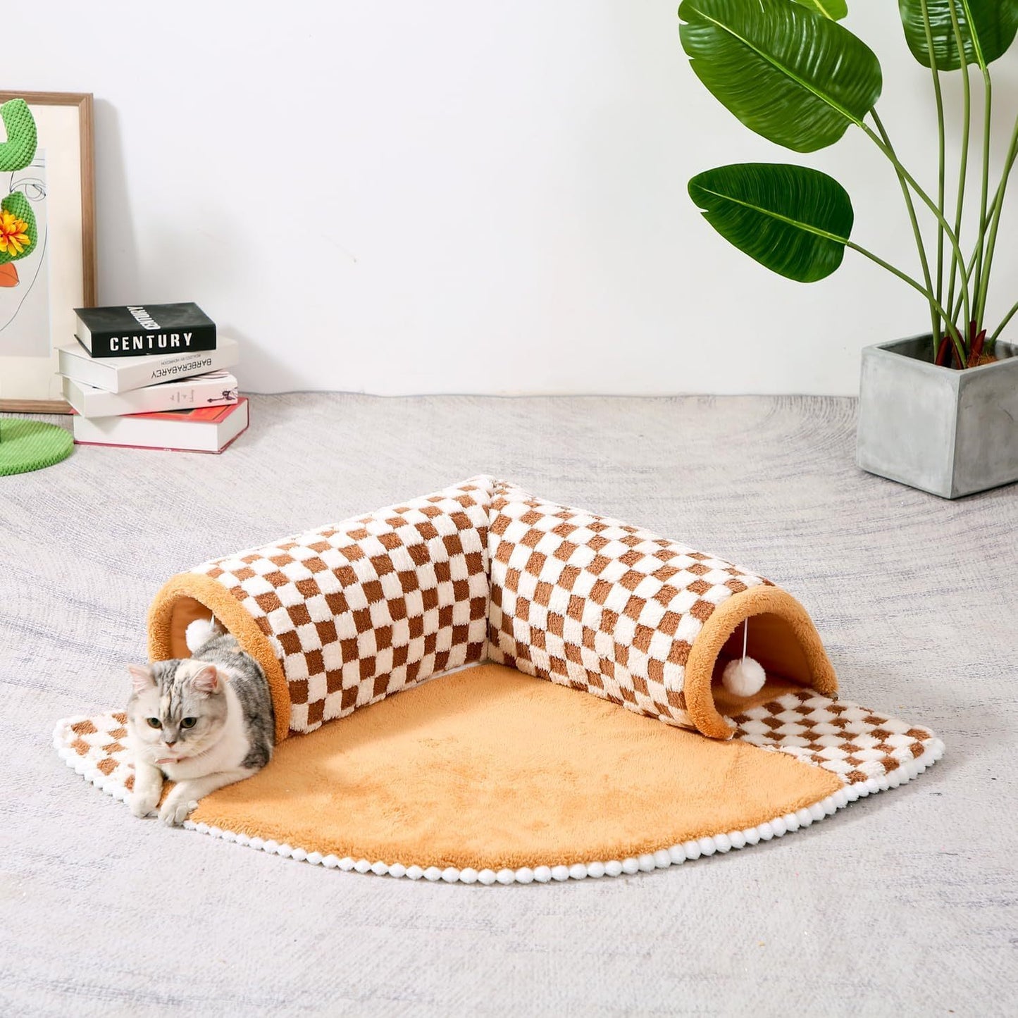 Cama túnel 2 en 1 para perros y gatos – Diseño divertido en forma de abanico, peluche suave y estampado a cuadros