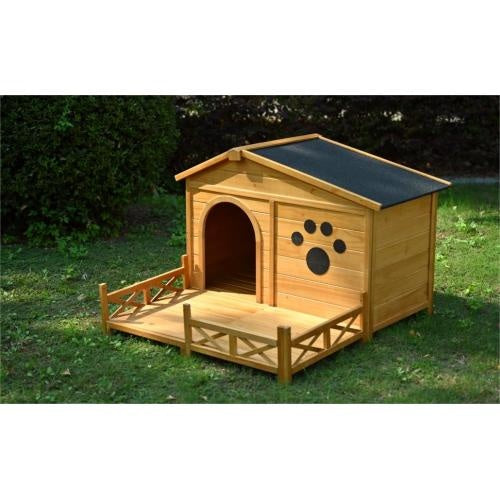 Casa de madera para perros al aire libre con porche, techo de asfalto resistente al agua y valla, exterior con impresión de pata