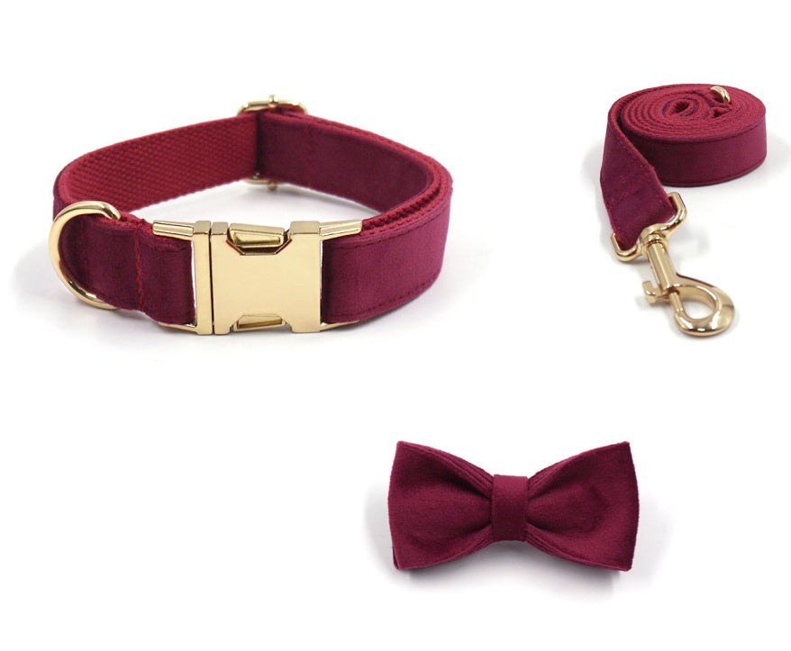 Set Collar+correa suave de terciopelo burdeos para mascotas