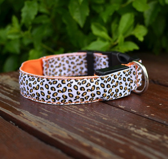 Collar de perro LED Seguridad Collar de mascota de leopardo de nailon ajustable