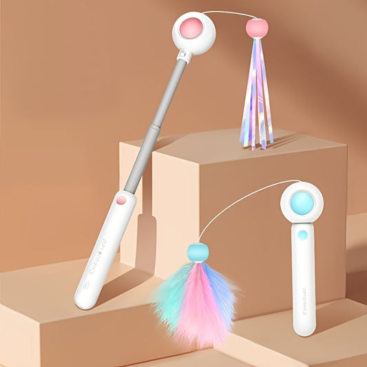 Varita interactiva retráctil con plumas para gatos – Cabezal reemplazable, ideal para jugar y ejercitarse en casa