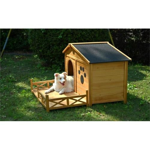 Casa de madera para perros al aire libre con porche, techo de asfalto resistente al agua y valla, exterior con impresión de pata