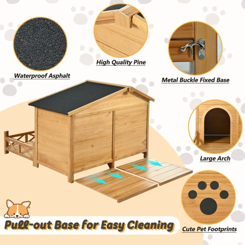 Casa de madera para perros al aire libre con porche, techo de asfalto resistente al agua y valla, exterior con impresión de pata