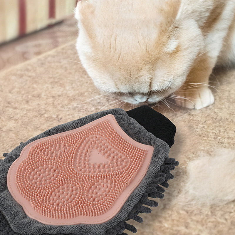 Guante de aseo 2 en 1 Elegante herramienta de aseo para perros para cepillar, masajear y secar Kit de aseo para mascotas para perros y gatos Cepillo de baño de 2 lados Guante de masaje de limpieza