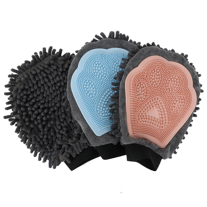 Guante de aseo 2 en 1 Elegante herramienta de aseo para perros para cepillar, masajear y secar Kit de aseo para mascotas para perros y gatos Cepillo de baño de 2 lados Guante de masaje de limpieza