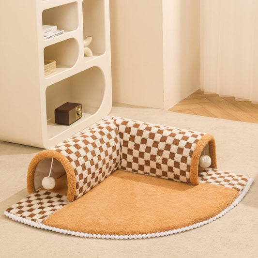 Cama túnel 2 en 1 para perros y gatos – Diseño divertido en forma de abanico, peluche suave y estampado a cuadros